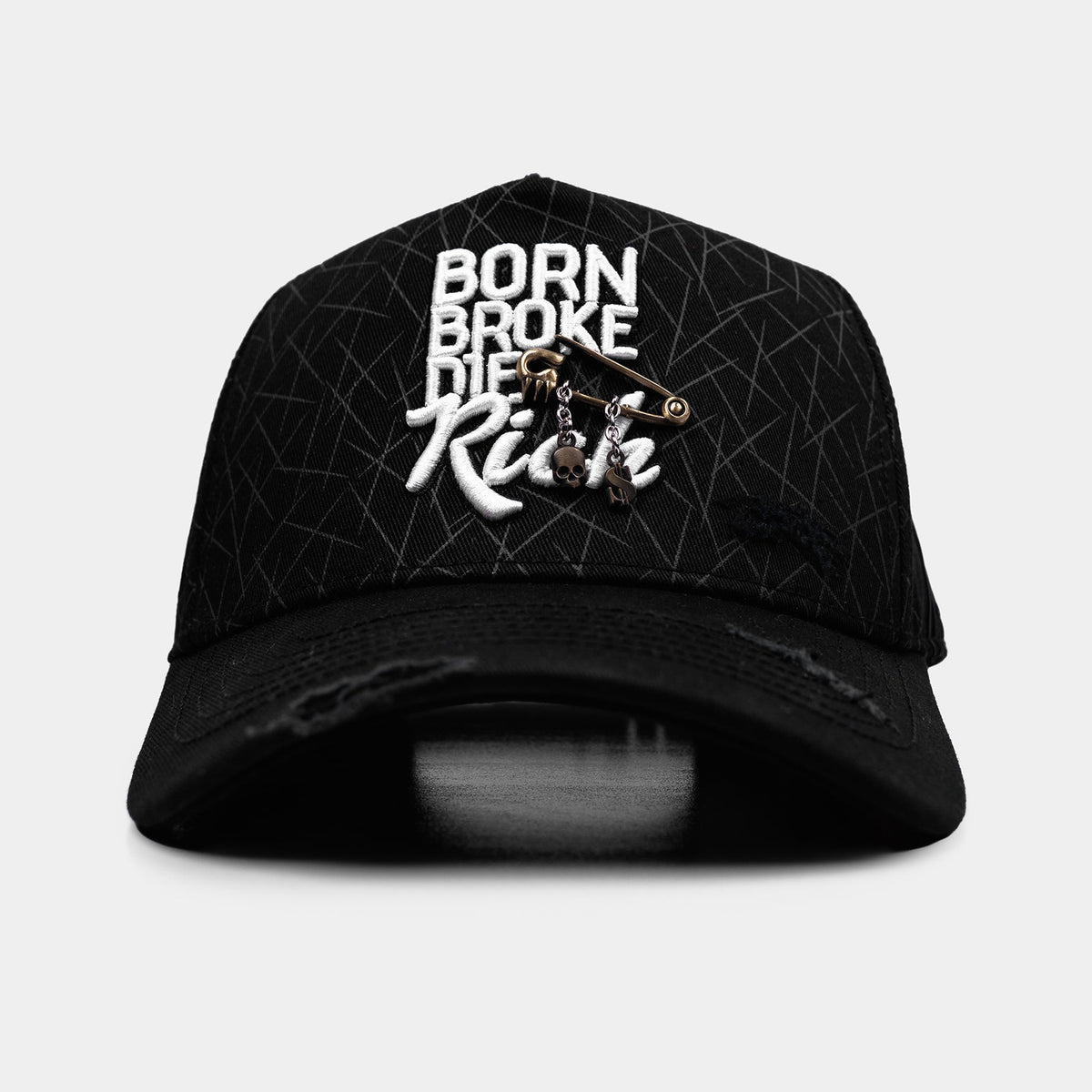 Born Broke Die Rich Black Hat by Italiense, front lettering view